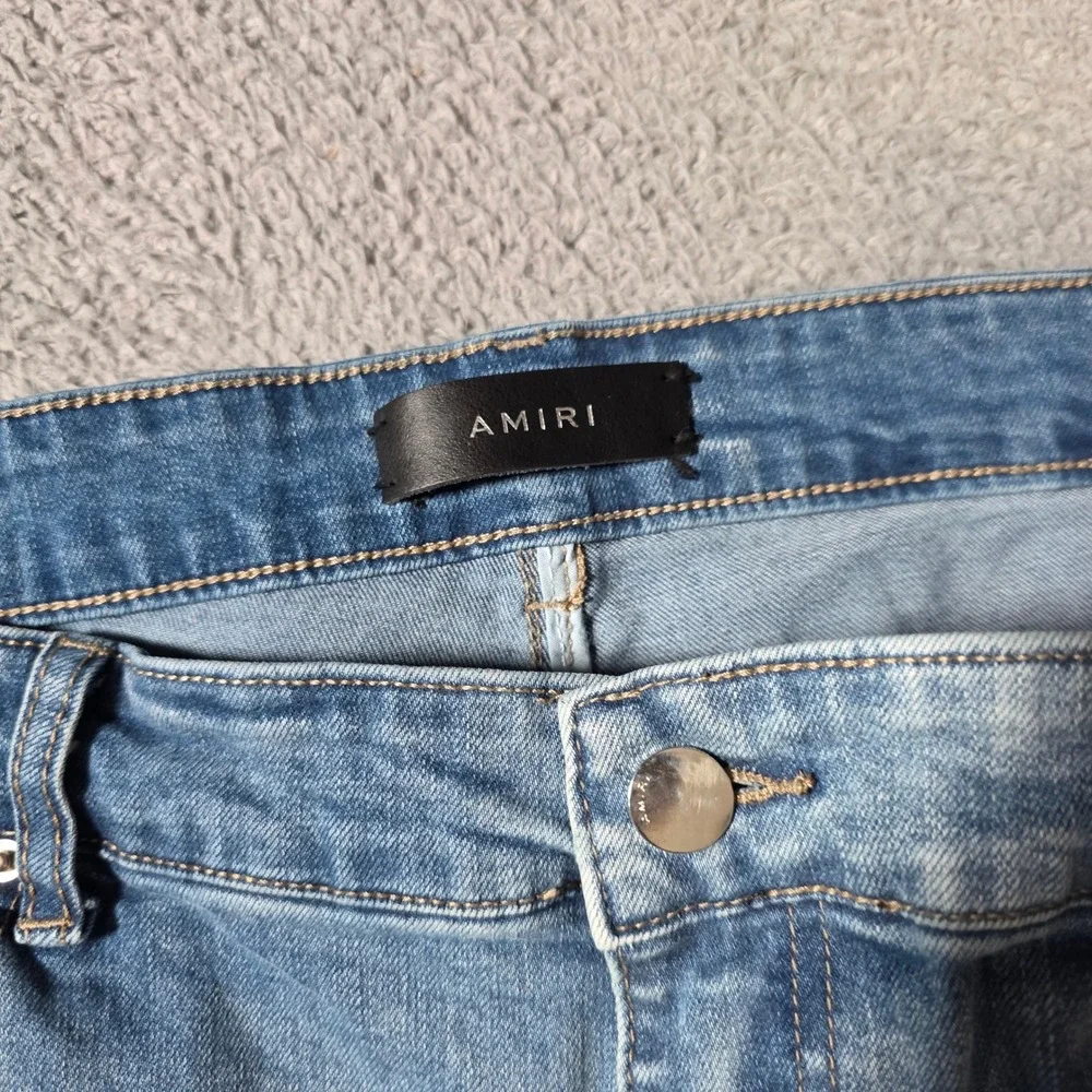 Amiri Mens 38 MX1 Distressed Jeans Light Blue Neon Yellow Stripe Paint Splatter